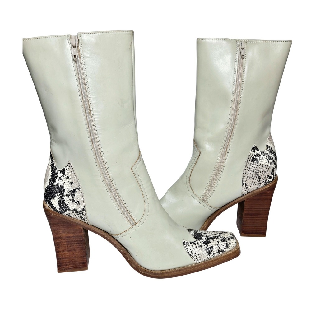 Women's Durango Off-White Leather Snakeskin Square Toe Block‎ Heel Boots Western
